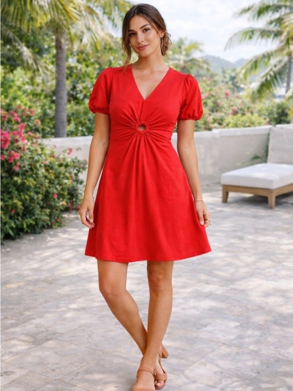 Mango Mini Dress 6 Puff Sleeve Cutout Front Red NWT